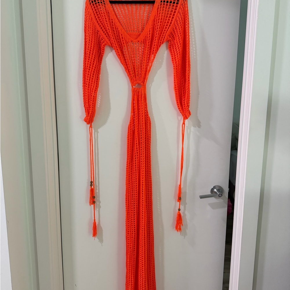 Handmade Crochet Maxi Cover-Up in Neon Orange